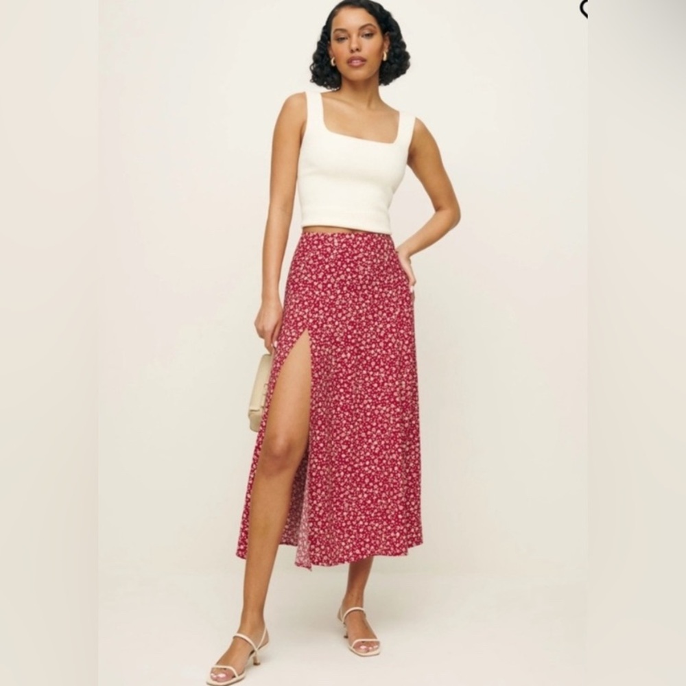 Reformation Red Floral Midi Skirt